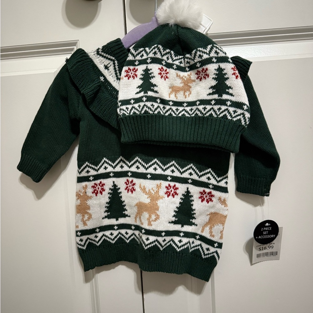 NEW! Nicole Miller Green Holiday Sweater and Hat Set for Kids